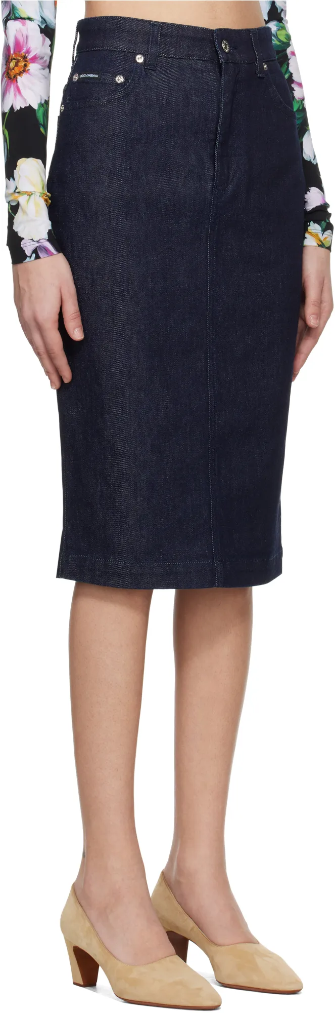 Logo Plaque Denim Midi Skirt