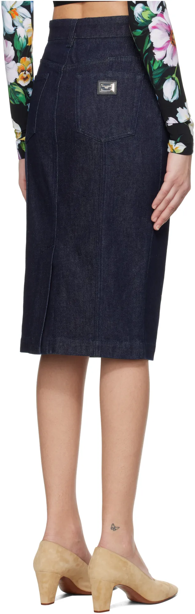 Logo Plaque Denim Midi Skirt