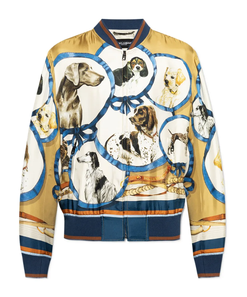 Dogs Printed Zipped Bomber Jacket