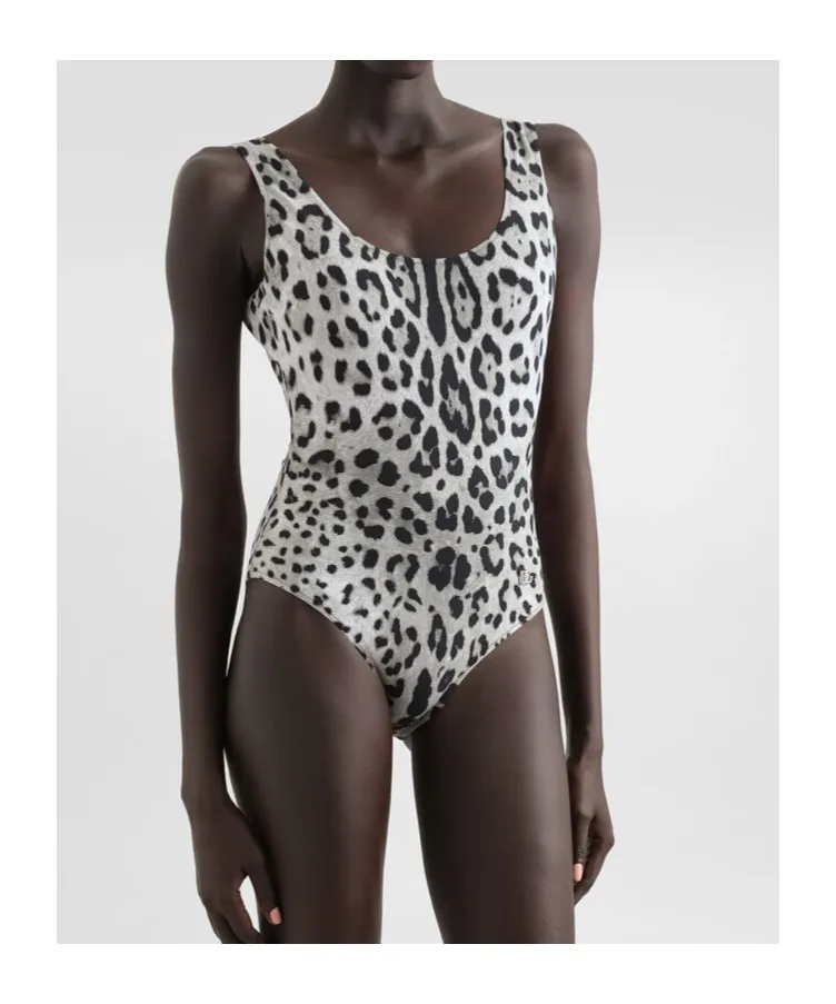 Leopard-Printed Scoop Neck Swimsuit