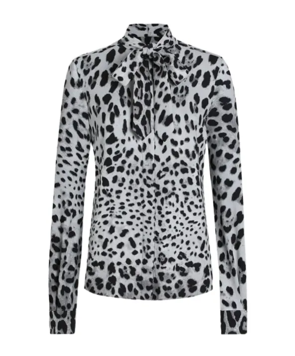 Leopard Printed Pussy-Bow Charmeuse Shirt