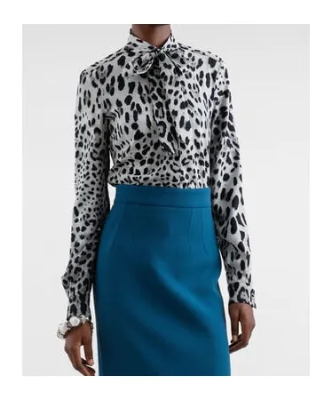 Leopard Printed Pussy-Bow Charmeuse Shirt