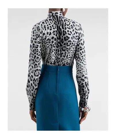 Leopard Printed Pussy-Bow Charmeuse Shirt