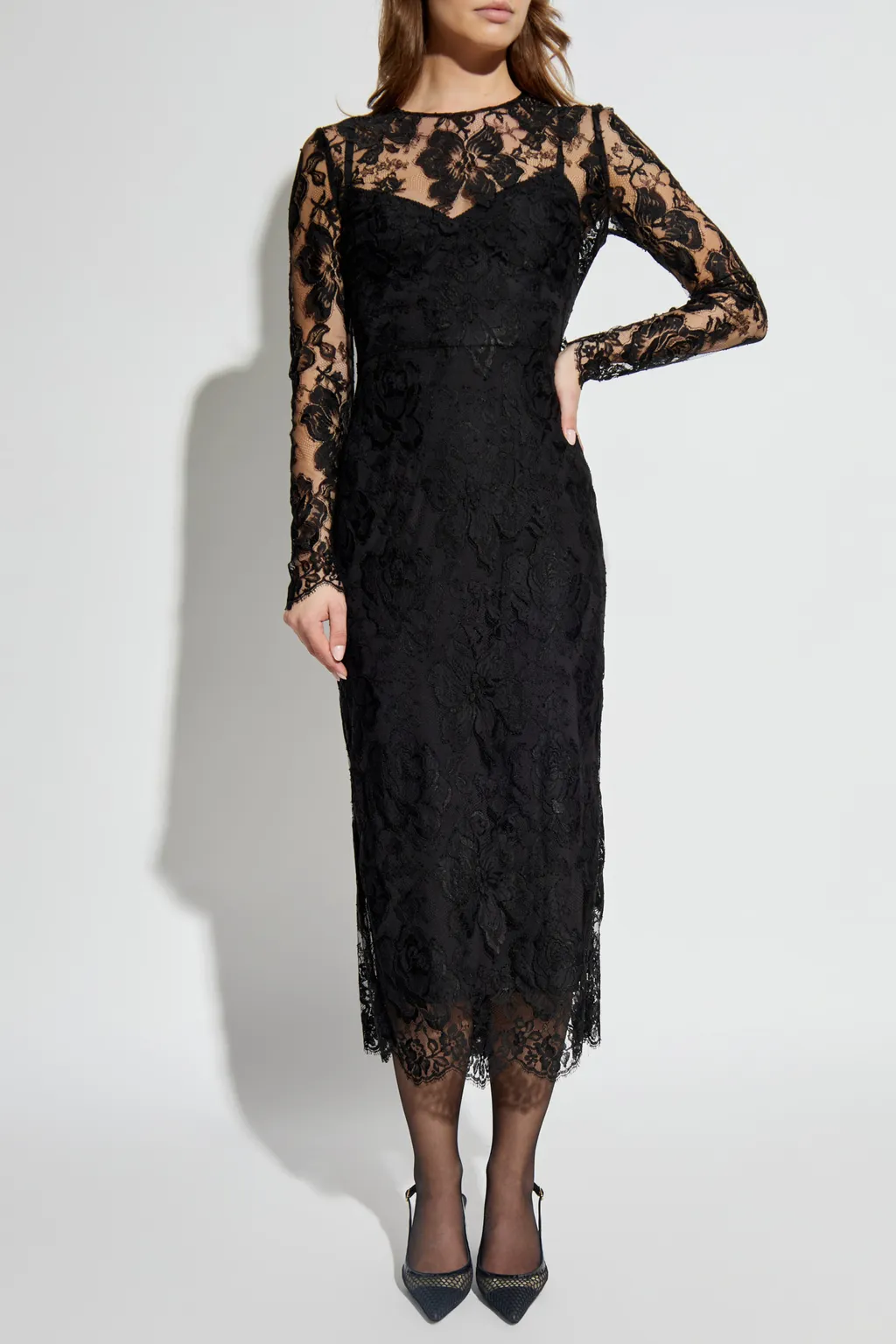 Calf-Length Floral Lace Dress