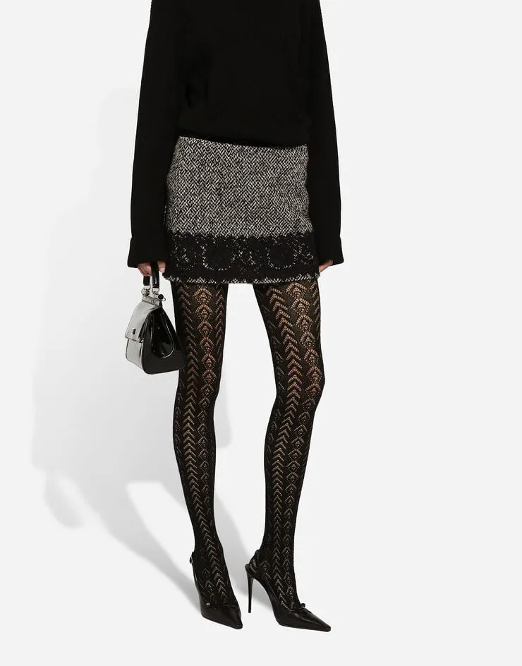 Lace-Trim Tweed Mini Skirt