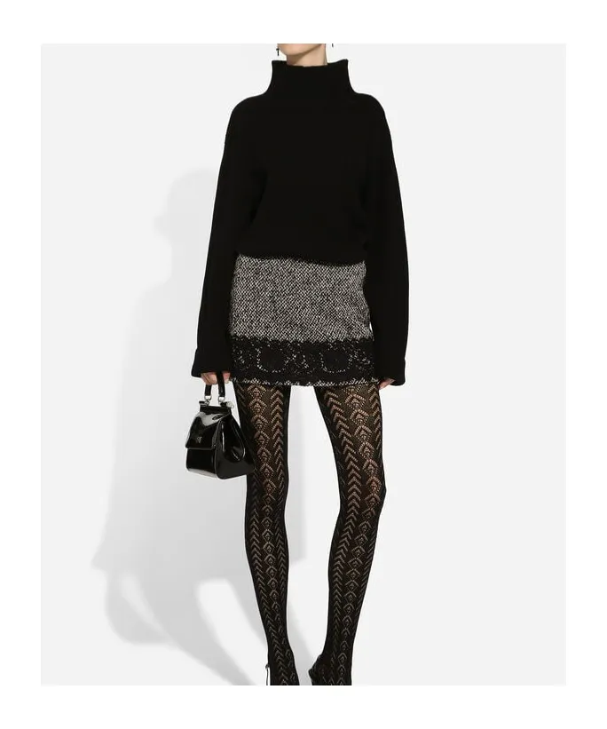 Lace-Trim Tweed Mini Skirt