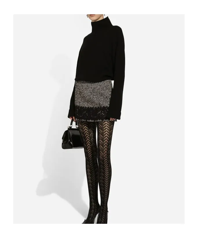 Lace-Trim Tweed Mini Skirt