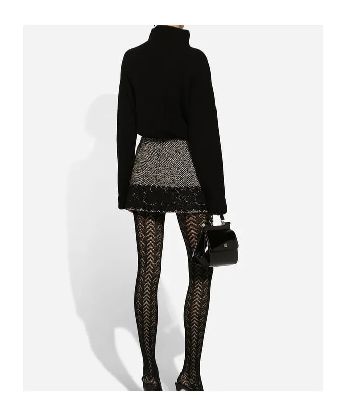 Lace-Trim Tweed Mini Skirt