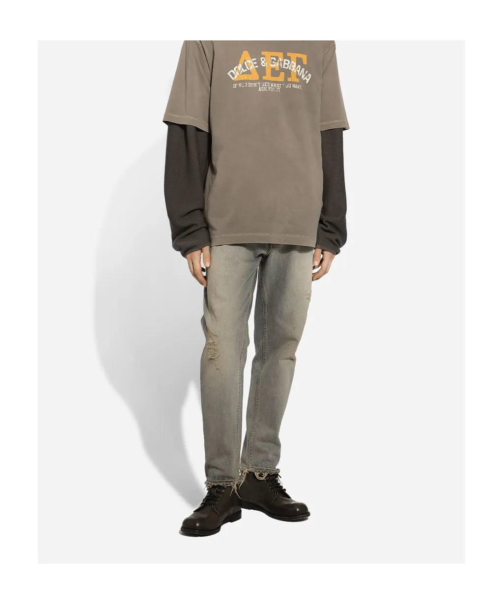 Logo Plaque Faded Effect Ripped Jeans