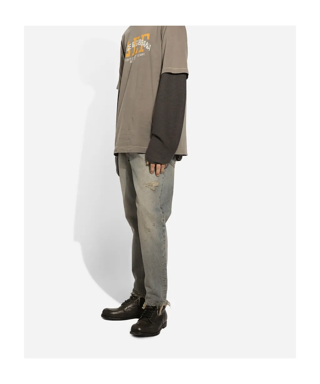 Logo Plaque Faded Effect Ripped Jeans