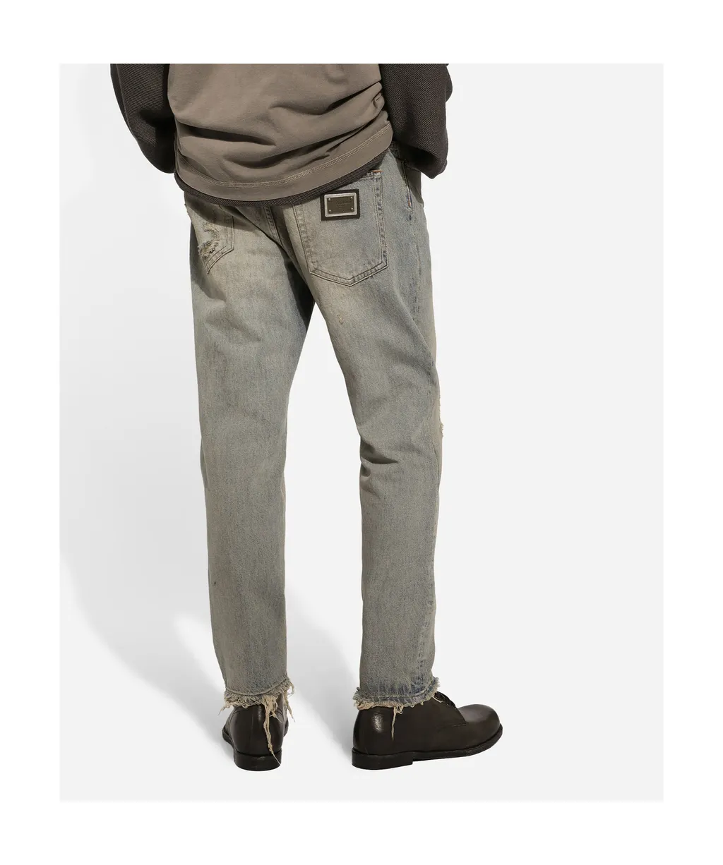 Logo Plaque Faded Effect Ripped Jeans