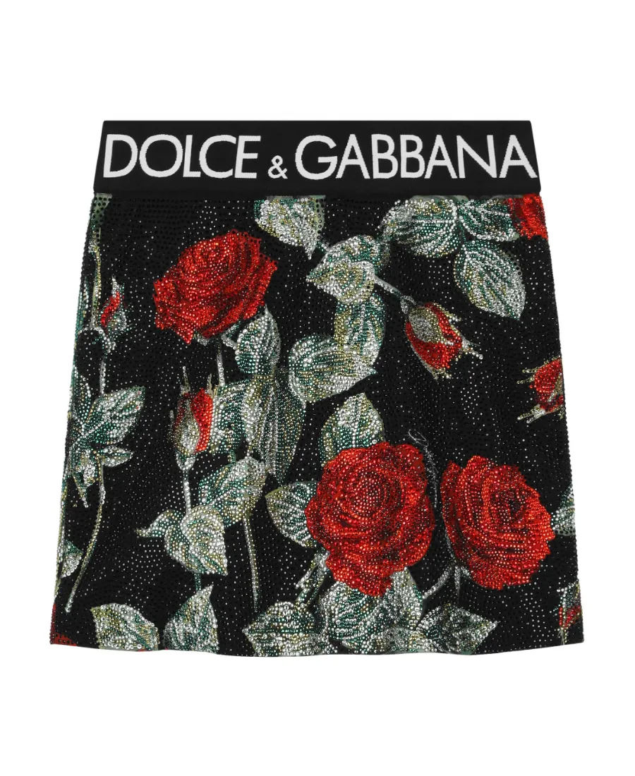 Rhinestone-Embellished Rose-Print Skirt