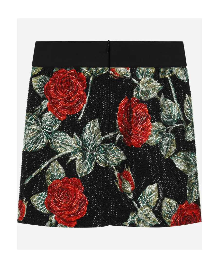 Rhinestone-Embellished Rose-Print Skirt