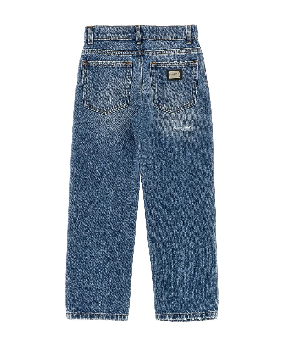 Logo-Plaque Wide-Leg Distressed Jeans