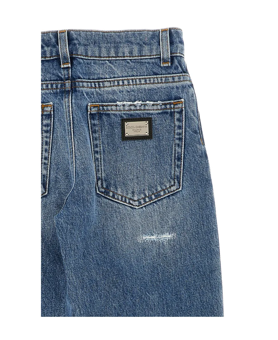 Logo-Plaque Wide-Leg Distressed Jeans