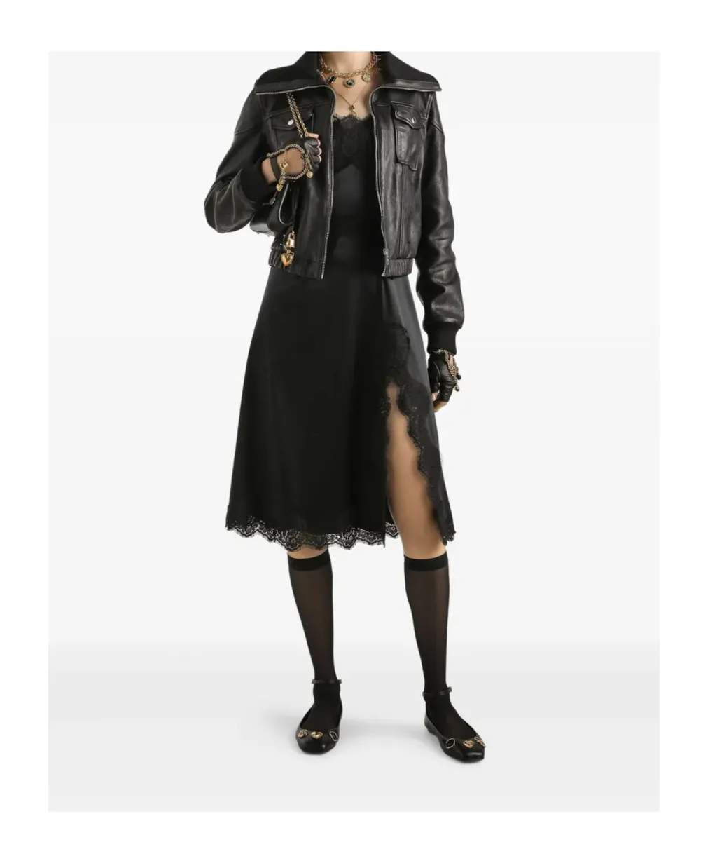Lace-Embellished Satin Dress