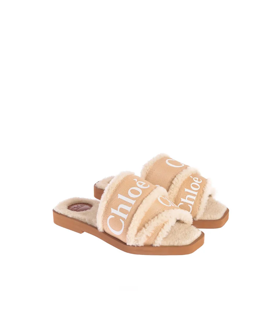 Woody Flat Sandals Large Straps Tan Shearling