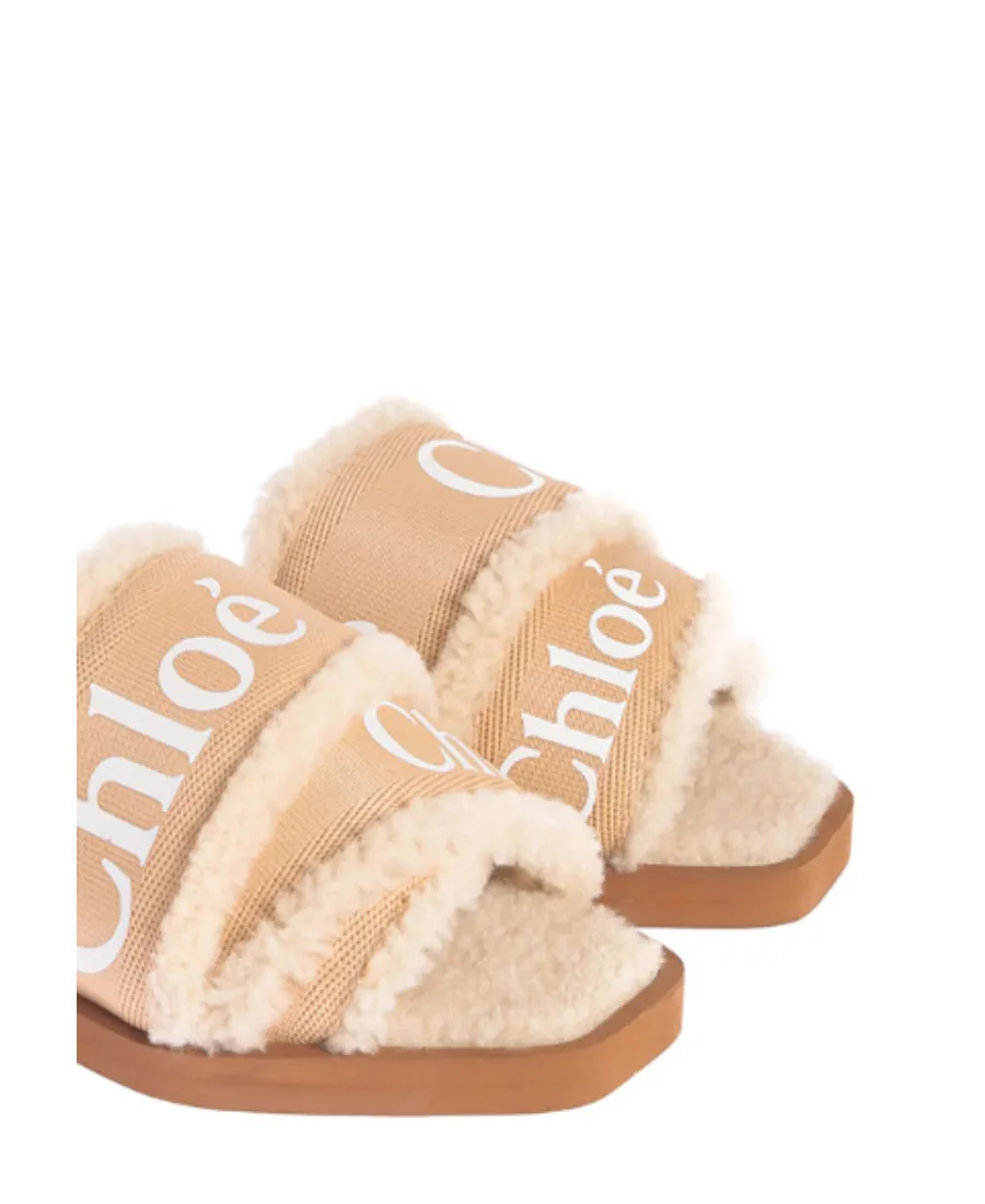 Woody Flat Sandals Large Straps Tan Shearling