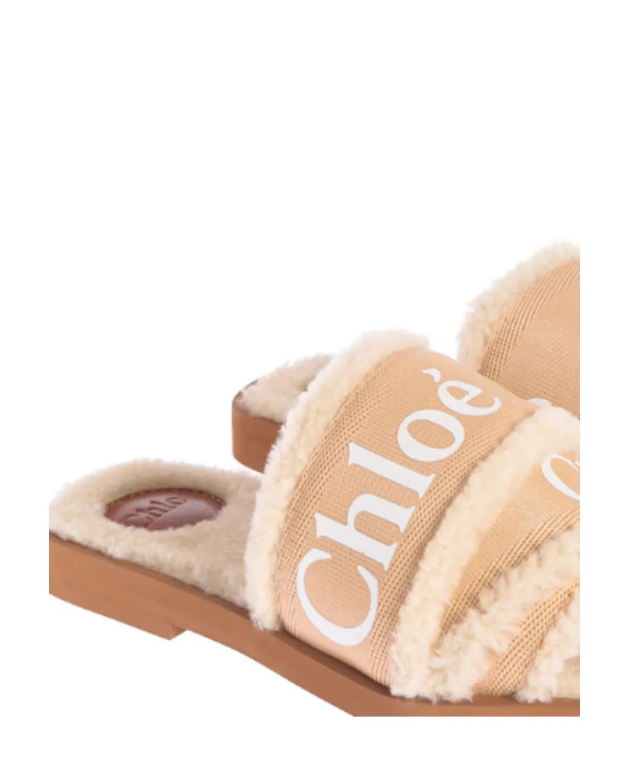 Woody Flat Sandals Large Straps Tan Shearling