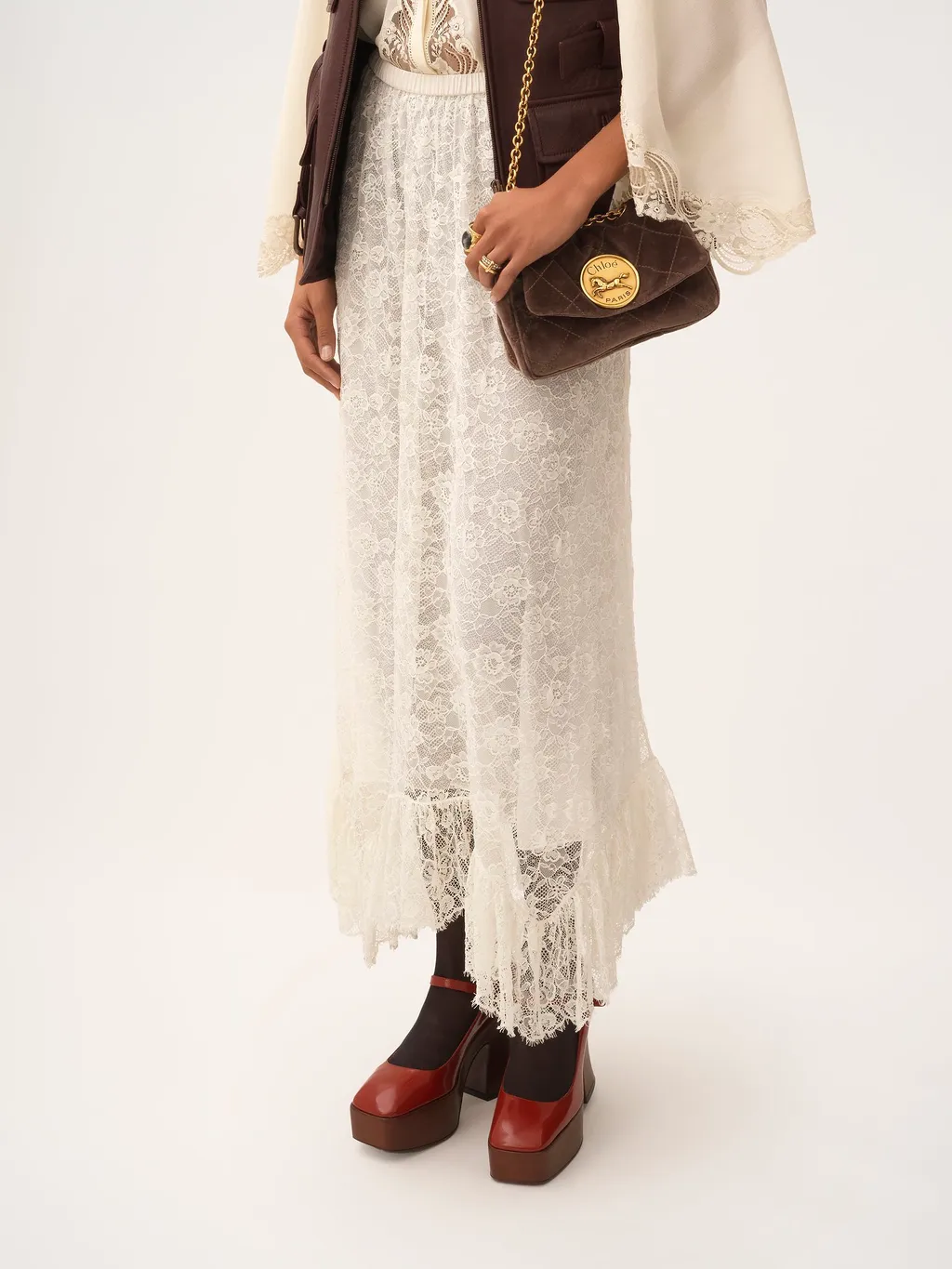 Floral Lace Jacquard Ruffled Midi Skirt