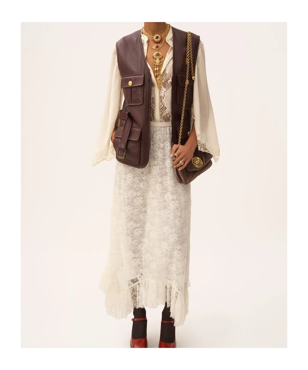 Floral Lace Jacquard Ruffled Midi Skirt