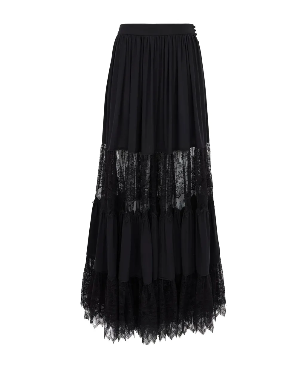 Tiered Lace-Trimmed Maxi Skirt
