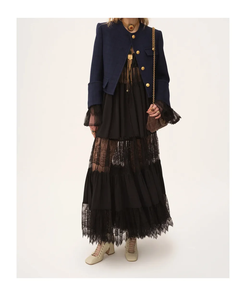 Tiered Lace-Trimmed Maxi Skirt