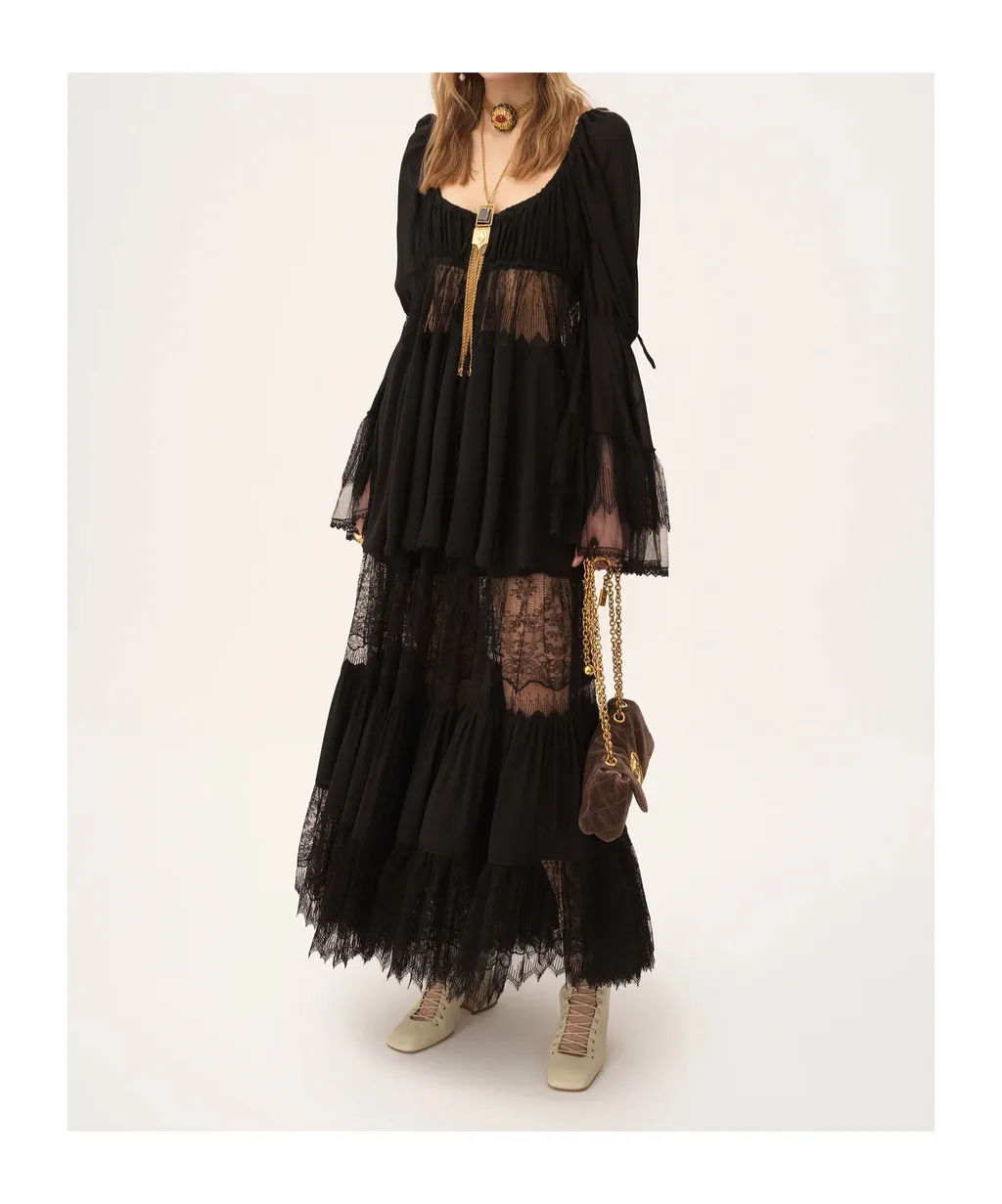 Tiered Lace-Trimmed Maxi Skirt