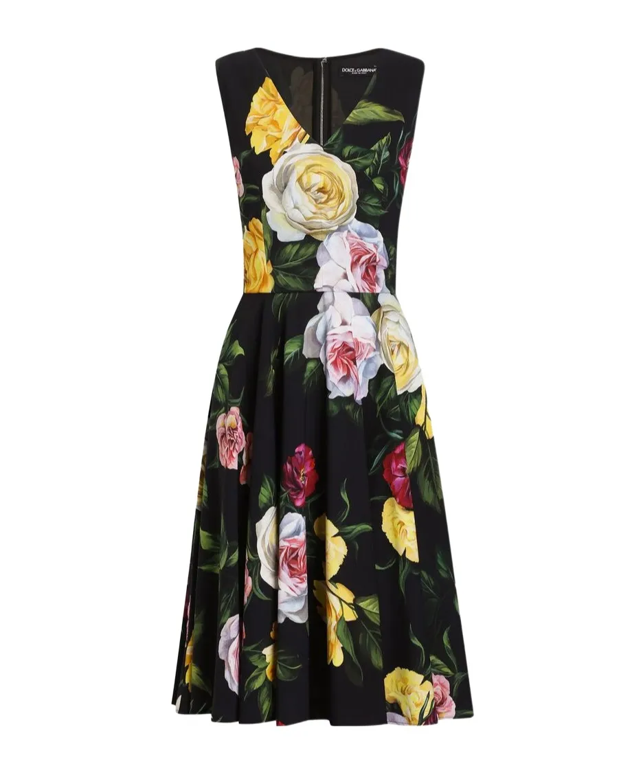 Floral Printed Cady Calf-Length Dress