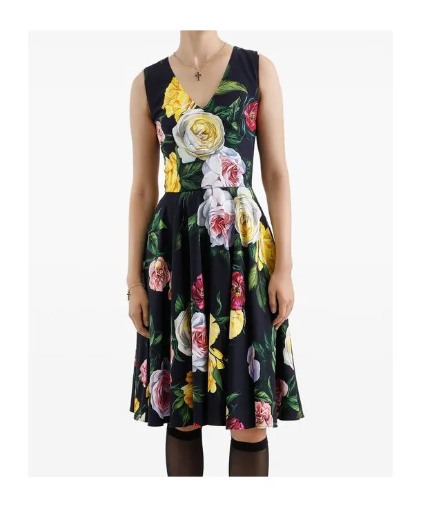 Floral Printed Cady Calf-Length Dress