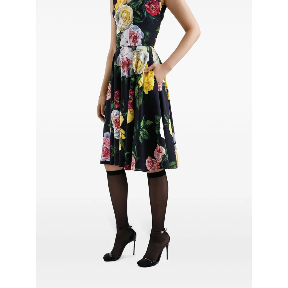 Floral Printed Cady Calf-Length Dress
