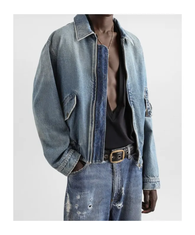 Logo Tag Zipped Denim Bomber Jacket