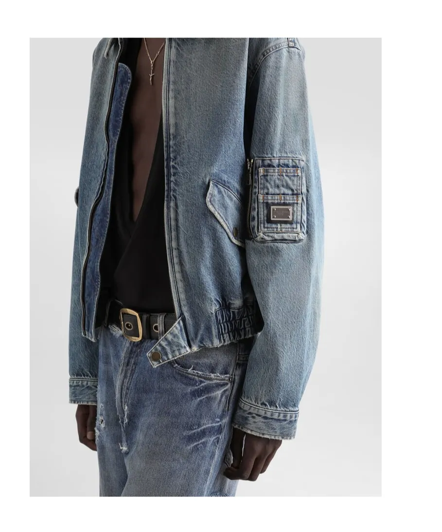 Logo Tag Zipped Denim Bomber Jacket