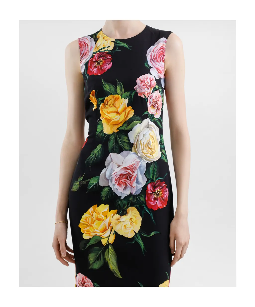 Floral Printed Cady Calf-Length Dress