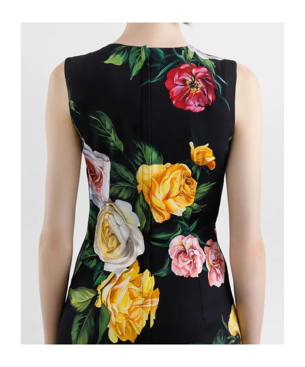 Floral Printed Cady Calf-Length Dress