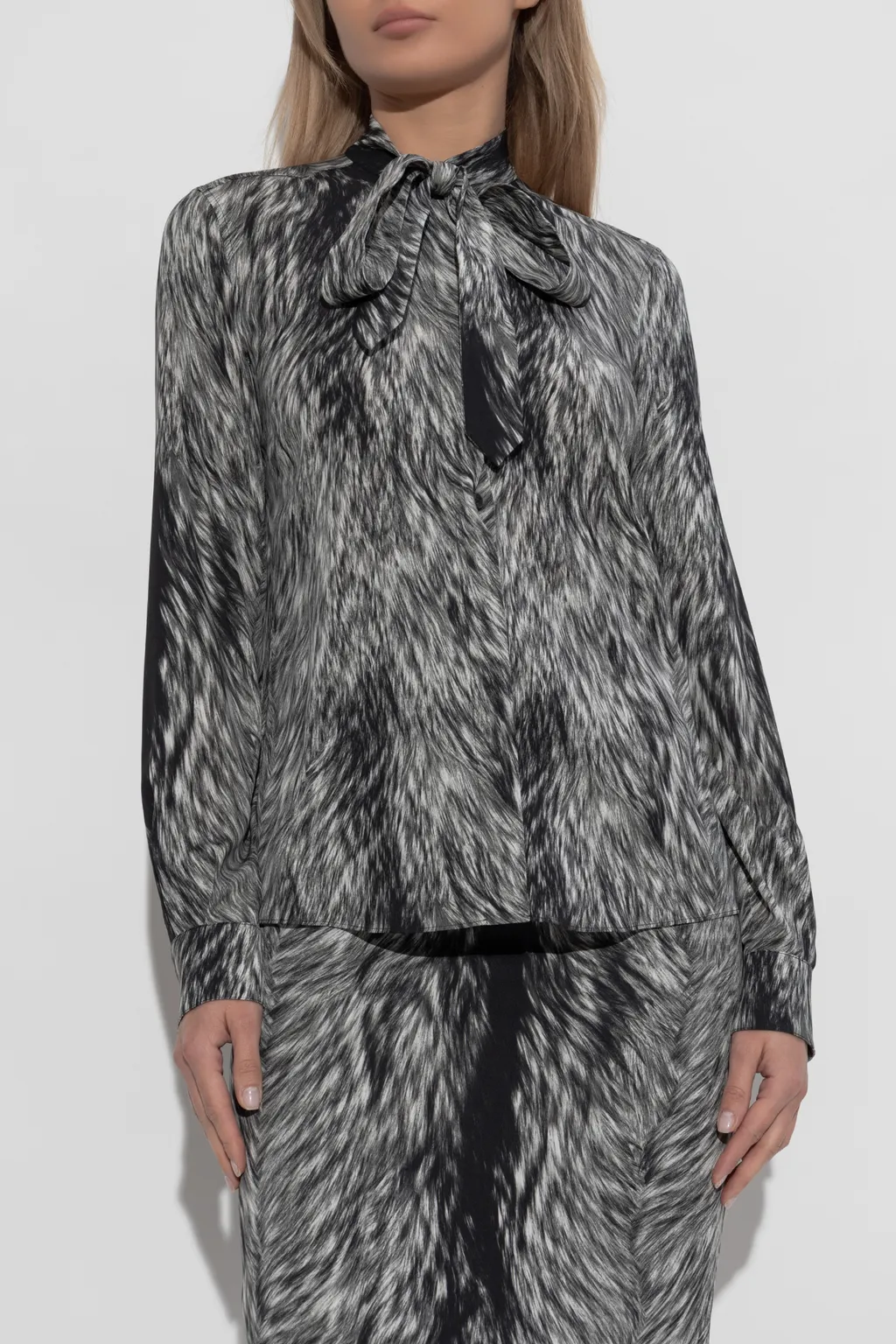 Fur Printed Pussy-Bow Charmeuse Shirt