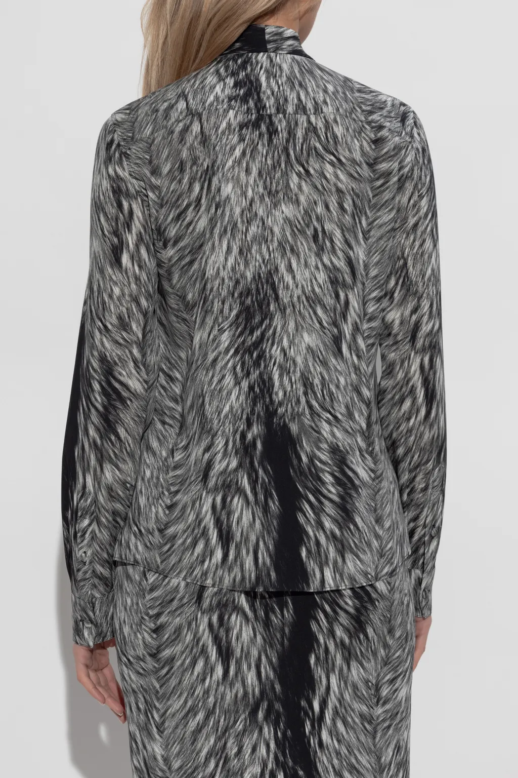 Fur Printed Pussy-Bow Charmeuse Shirt