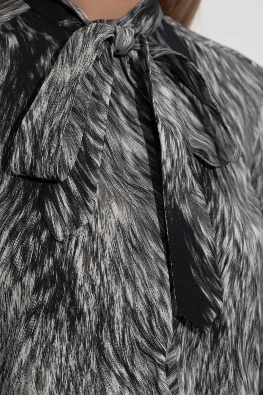 Fur Printed Pussy-Bow Charmeuse Shirt