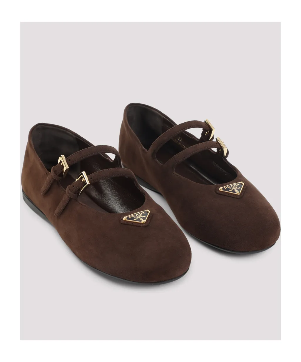 Double-Buckle Suede Ballet Flats