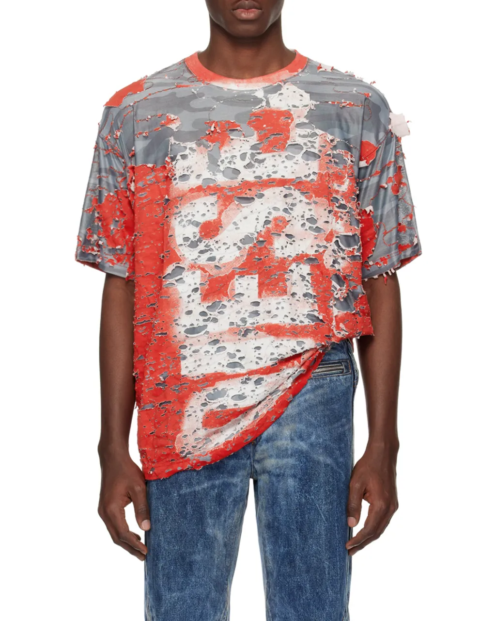 T-Box-Peel Logo Printed Distressed T-Shirt