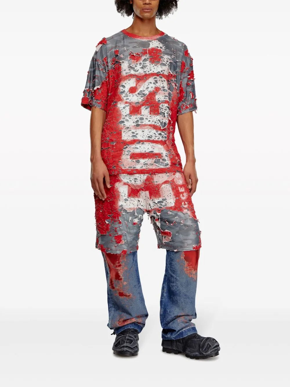 T-Box-Peel Logo Printed Distressed T-Shirt