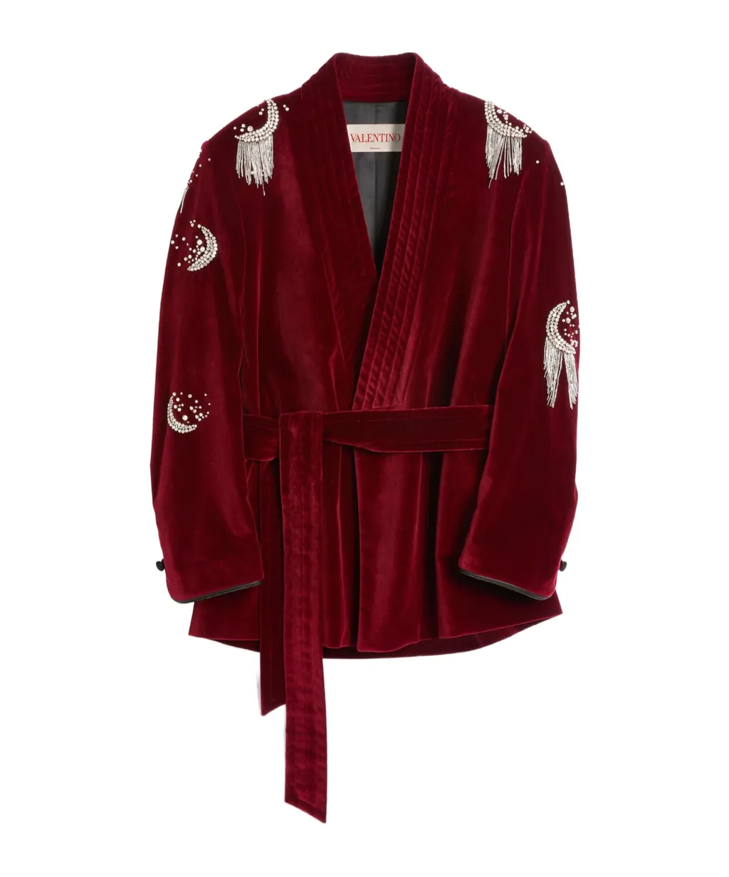 Cotton Velvet Belt Jacket With Rhinestone And Bead Embroidery