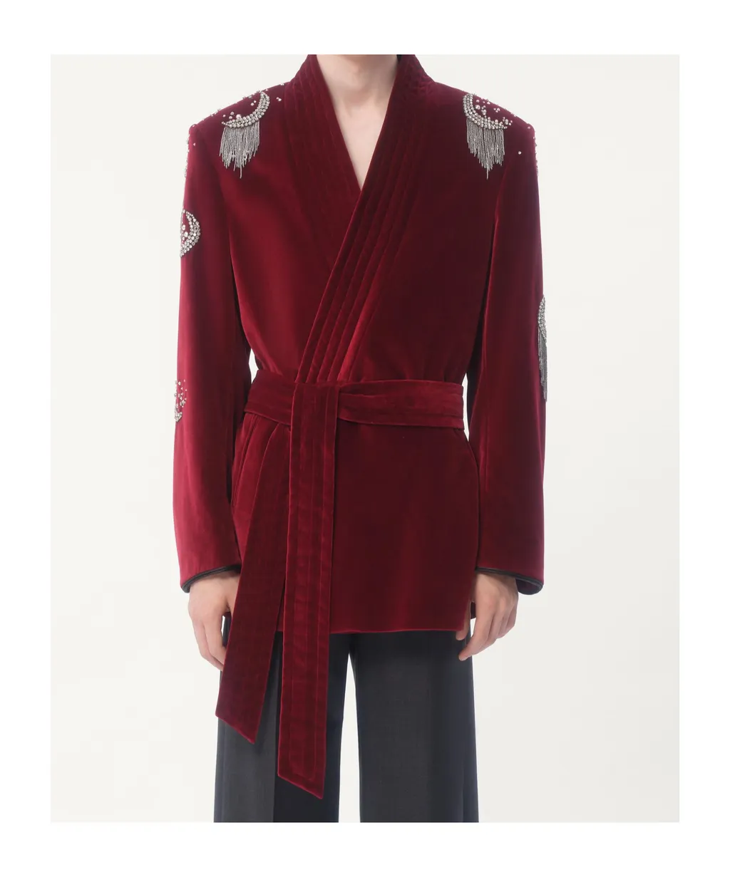 Cotton Velvet Belt Jacket With Rhinestone And Bead Embroidery