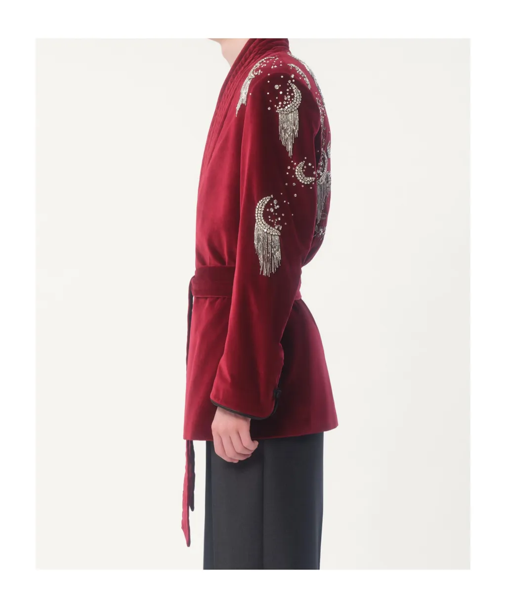 Cotton Velvet Belt Jacket With Rhinestone And Bead Embroidery