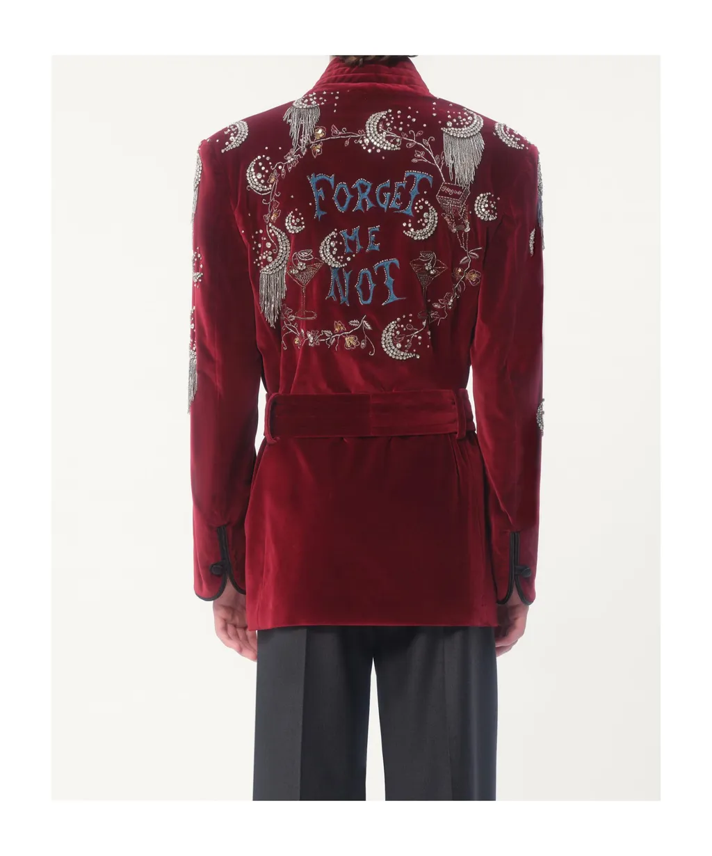 Cotton Velvet Belt Jacket With Rhinestone And Bead Embroidery