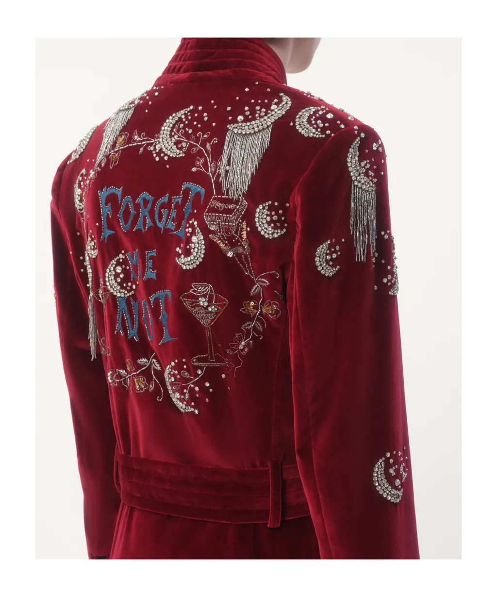 Cotton Velvet Belt Jacket With Rhinestone And Bead Embroidery