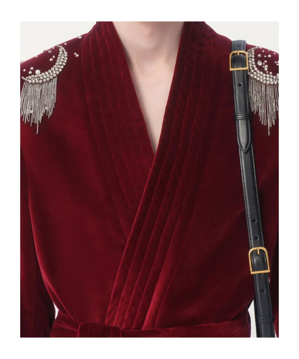 Cotton Velvet Belt Jacket With Rhinestone And Bead Embroidery