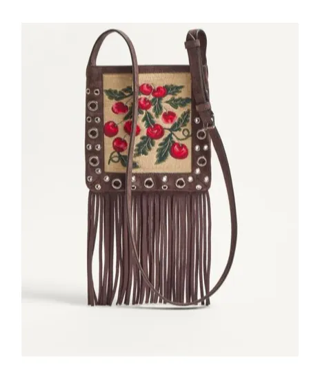 Fringed-Edge Embroidered Small Crossbody Bag