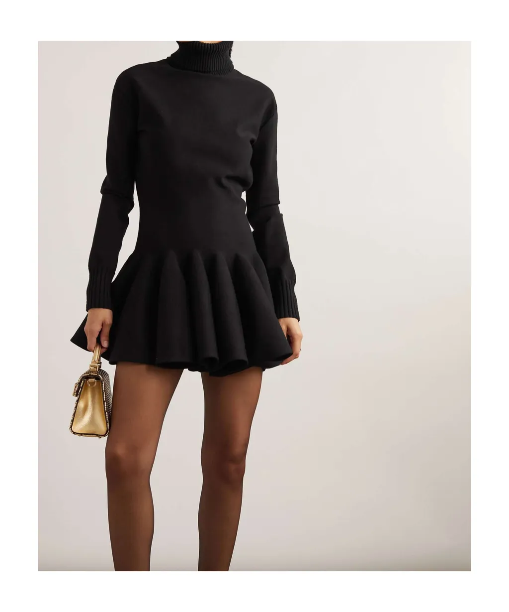 Pleated High-Neck Mini Dress