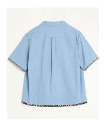 Floral Trim Button-Up Denim Shirt